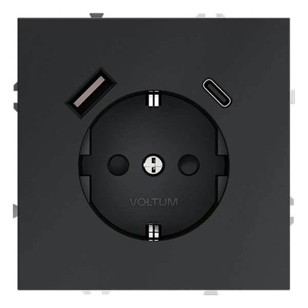 Розетка встраиваемая Voltum S70 с заземлением и защитными шторками 16А с USB A+С графит