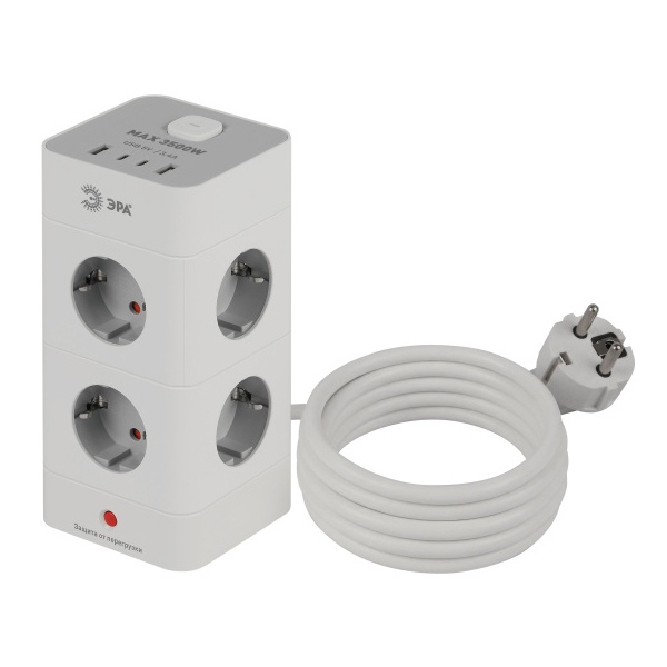 Сетевой фильтр ЭРА TWR-8es-1,5m-4USB-W башня 8х2P+E выключатель 2xUSBA+2хUSBC ПВС 3x1мм2 белый