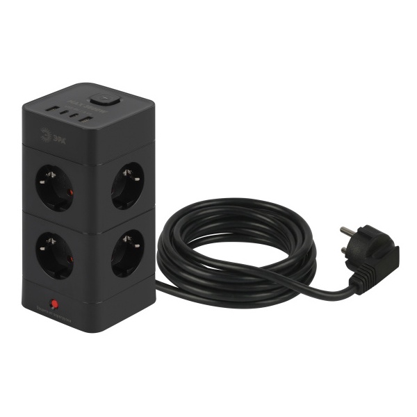 Сетевой фильтр ЭРА TWR-8es-1,5m-4USB-B башня 8х2P+E выключатель 2xUSBA+2хUSBC ПВС 3x1мм2 черный