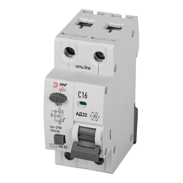 Дифавтомат ЭРА АД-32 1P+N C16А 10мА тип AС однофазный электронный 4,5кА D32E2C16АC10P (дифференциальный автомат, АВДТ)