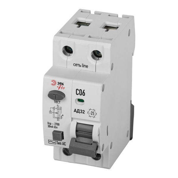 Дифавтомат ЭРА АД-32 1P+N C6А 30мА тип AС однофазный электронный 4,5кА D32E2C06АC30P (дифференциальный автомат, АВДТ)