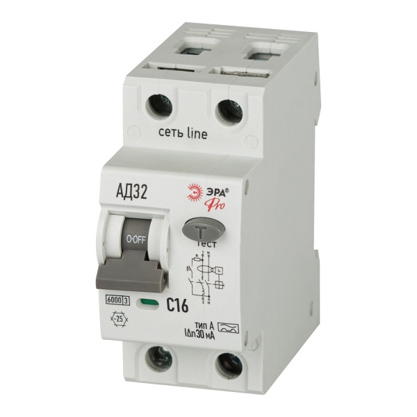 Дифавтомат ЭРА АД-32 1P+N C16А 30мА тип A однофазный электромеханическое 6кА D326M2C16А30 (дифференциальный автомат, АВДТ)