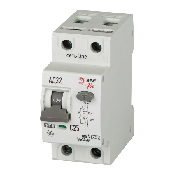 Дифавтомат ЭРА АД-32 1P+N C25А 30мА тип A однофазный электромеханическое 6кА D326M2C25А30 (дифференциальный автомат, АВДТ)