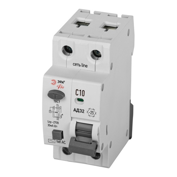 Дифавтомат ЭРА АД-32 1P+N C10А 30мА тип AС однофазный электронный 4,5кА D32E2C10АC30P (дифференциальный автомат, АВДТ)