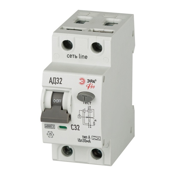 Дифавтомат ЭРА АД-32 1P+N C32А 30мА тип A однофазный электронный 6кА D326E2C32А30 (дифференциальный автомат, АВДТ)