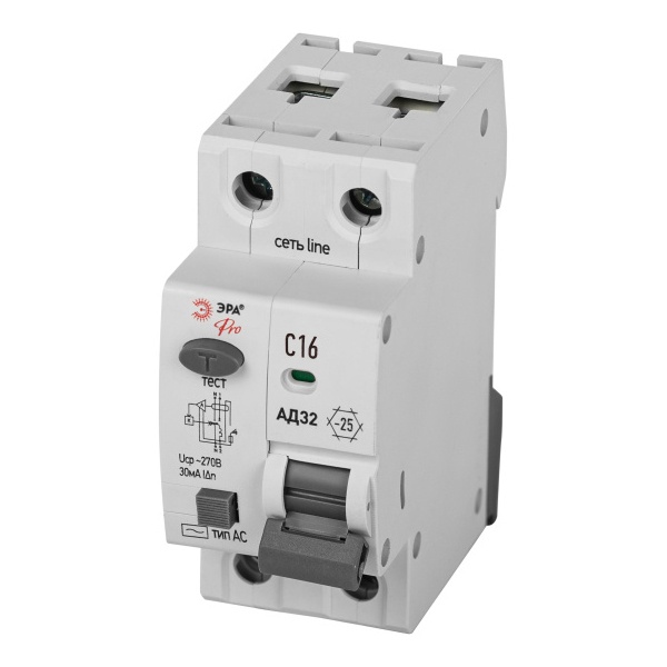 Дифавтомат ЭРА АД-32 1P+N C16А 30мА тип AС однофазный электронный 4,5кА D32E2C16АC30P (дифференциальный автомат, АВДТ)