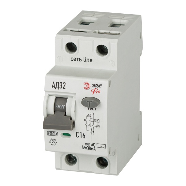 Дифавтомат ЭРА АД-32 1P+N C16А 30мА тип АC однофазный электромеханическое 6кА D326M2C16АC30 (дифференциальный автомат, АВДТ)
