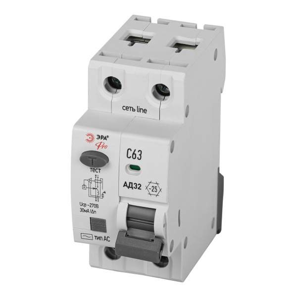 Дифавтомат ЭРА АД-32 1P+N C63А 30мА тип AС однофазный электронный 4,5кА D32E2C63АC30P (дифференциальный автомат, АВДТ)