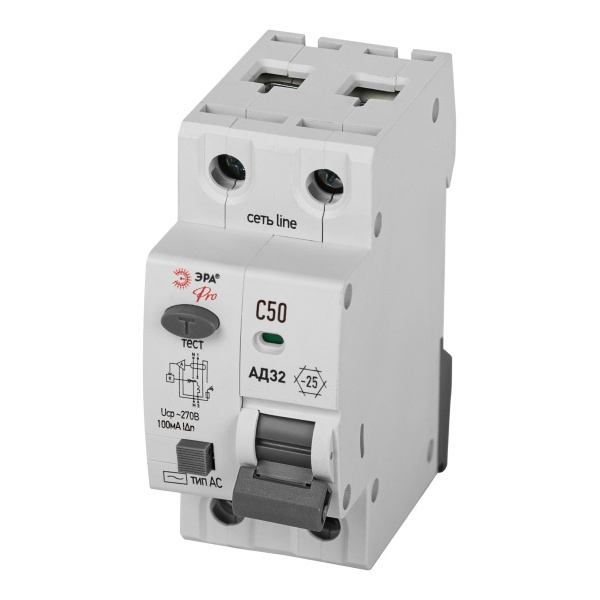 Дифавтомат ЭРА АД-32 1P+N C50А 100мА тип AС однофазный электронный 4,5кА D32E2C50АC100P (дифференциальный автомат, АВДТ)