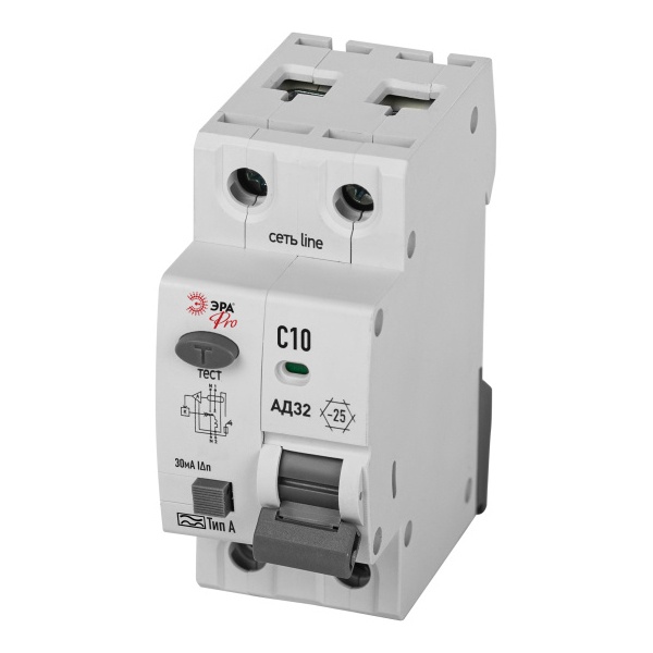 Дифавтомат ЭРА АД-32 1P+N C10А 30мА тип A однофазный электронный 4,5кА D32E2C10А30 (дифференциальный автомат, АВДТ)