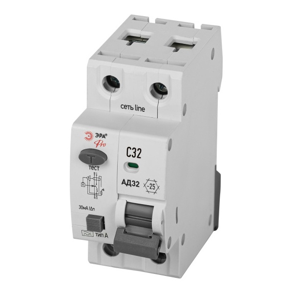 Дифавтомат ЭРА АД-32 1P+N C32А 30мА тип A однофазный электронный 4,5кА D32E2C32А30 (дифференциальный автомат, АВДТ)