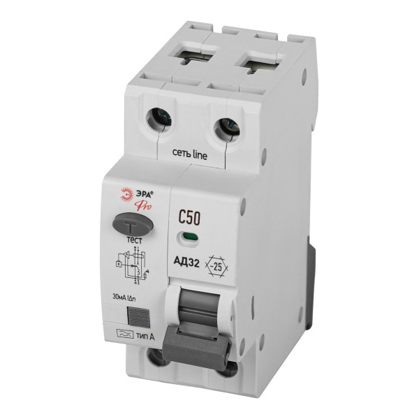 Дифавтомат ЭРА АД-32 1P+N C50А 30мА тип A однофазный электронный 4,5кА D32E2C50А30 (дифференциальный автомат, АВДТ)