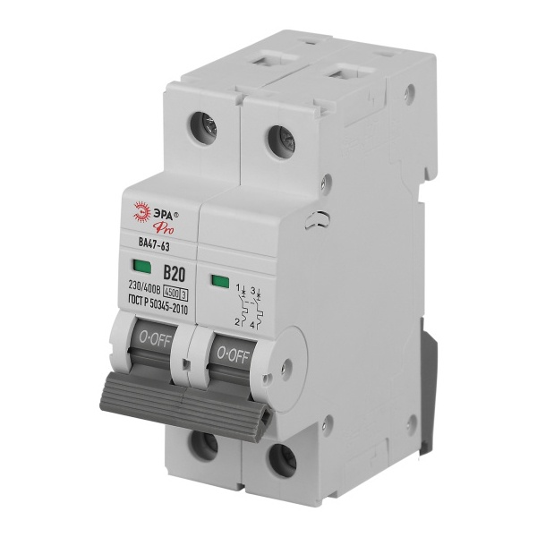 Автоматический выключатель ЭРА PRO VA63-2P20B4.5 ВА47-63 2P 20А кривая B 4,5кА (автомат электрический)