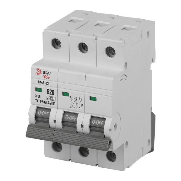 Автоматический выключатель ЭРА PRO VA63-3P25B4.5 ВА47-63 3P 25А кривая B 4,5кА (автомат электрический)