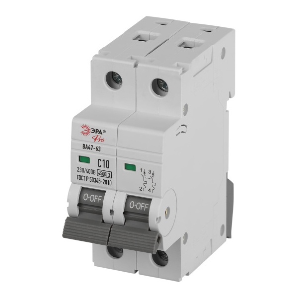 Автоматический выключатель ЭРА PRO VA63-2P10C4.5 ВА47-63 2P 10А кривая C 4,5кА (автомат электрический)