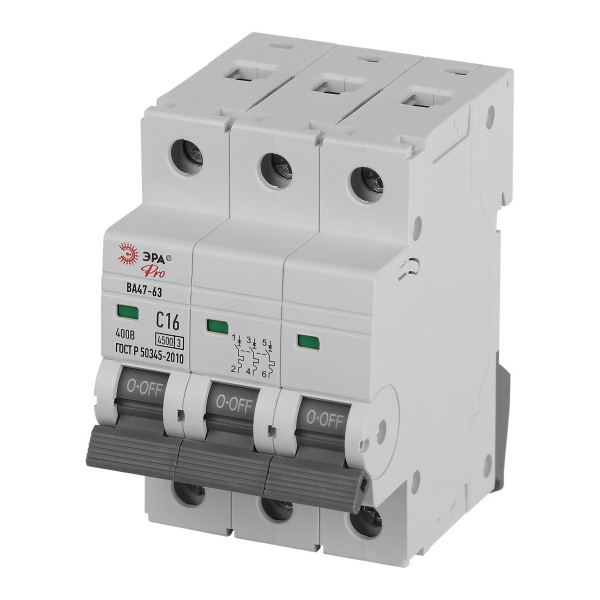 Автоматический выключатель ЭРА PRO VA63-3P16C4.5 ВА47-63 3P 16А кривая C 4,5кА (автомат электрический)