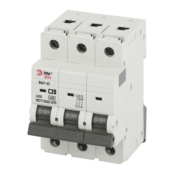 Автоматический выключатель ЭРА PRO VA63-3P20C6 ВА47-63 3P 20А кривая C 6кА (автомат электрический)