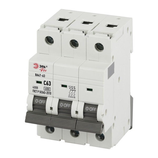 Автоматический выключатель ЭРА PRO VA63-3P63C6 ВА47-63 3P 63А кривая C 6кА (автомат электрический)