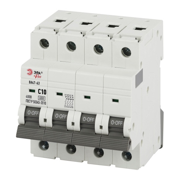 Автоматический выключатель ЭРА PRO VA63-4P10C6 ВА47-63 4P 10А кривая C 6кА (автомат электрический)