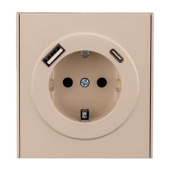 Розетка с заземлением Kranz Miele Strong 16А со шторками и USB A+С 5В/3А с рамкой шелк