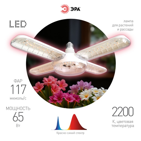 Лампа светодиодная для растений ЭРА Green line ФИТО 65W PL E27 GR 5-ти лепестковая розового свечения
