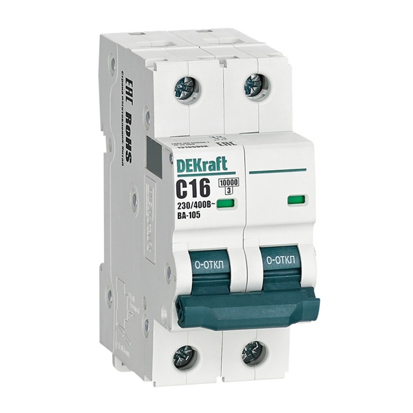 Автоматический выключатель DEKraft ВА-105 16A C 2P 10кА (автомат электрический)
