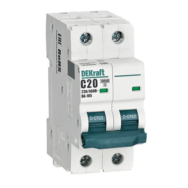 Автоматический выключатель DEKraft ВА-105 20A C 2P 10кА (автомат электрический)