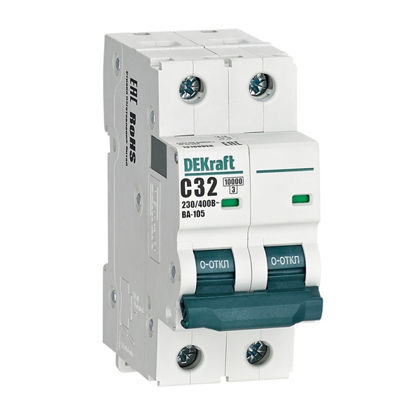 Автоматический выключатель DEKraft ВА-105 32A C 2P 10кА (автомат электрический)