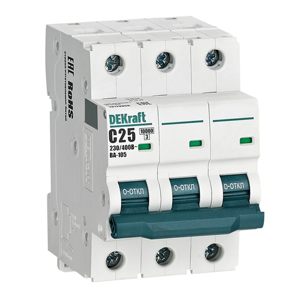 Автоматический выключатель DEKraft ВА-105 25A C 3P 10кА (автомат электрический)