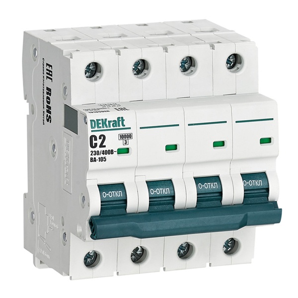 Автоматический выключатель DEKraft ВА-105 2A C 4P 10кА (автомат электрический)