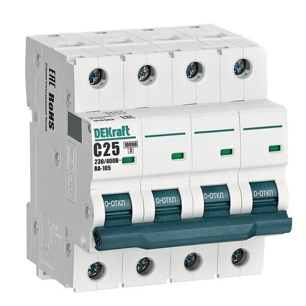 Автоматический выключатель DEKraft ВА-105 25A C 4P 10кА (автомат электрический)