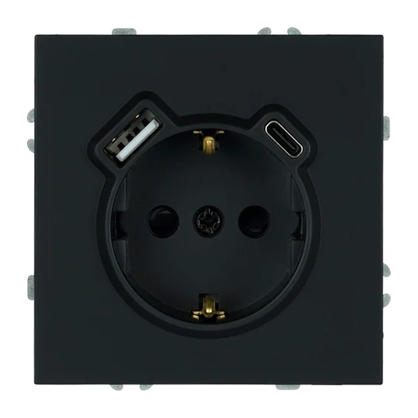 Розетка с заземлением со шторками Stekker Эмили RST16-5119-05 16A USB тип A и C, черный уголь