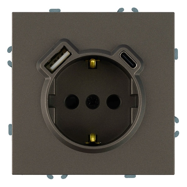 Розетка с заземлением со шторками Stekker Эмили RST16-5119-09 16A USB тип A и C, антрацит