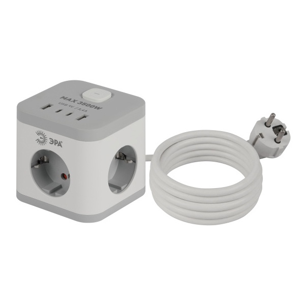 Удлинитель электрический ЭРА CUBE-3es-1,5m-4USB-W куб с заземлением/выключателем 3 розетки+4xUSB A+C