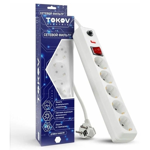Удлинитель Tokov Electric Light 5х2P+PE 10А выключатель кабель 7м 3х1,5мм2 белый