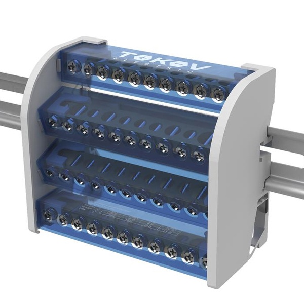 Шина на DIN-рейку в корпусе (кросс-модуль) Tokov Electric 4 группы по 11 отверстий 125А