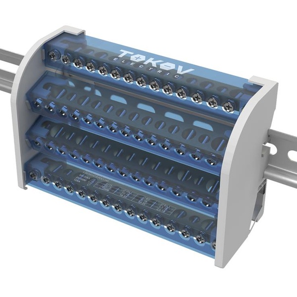 Шина на DIN-рейку в корпусе (кросс-модуль) Tokov Electric 4 группы по 15 отверстий 125А
