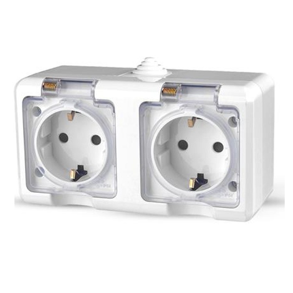 Розетка двойная открытой установки Tokov Electric Dita 2х2П+3 16А с прозрачной крышкой IP54 белый