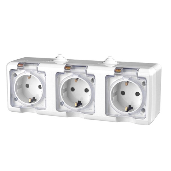 Розетка тройная открытой установки Tokov Electric Dita 3х2П+3 16А с прозрачной крышкой IP54 белый