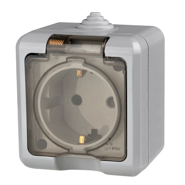 Розетка открытой установки Tokov Electric Dita 2П+3 16А с прозрачной крышкой IP54 серый