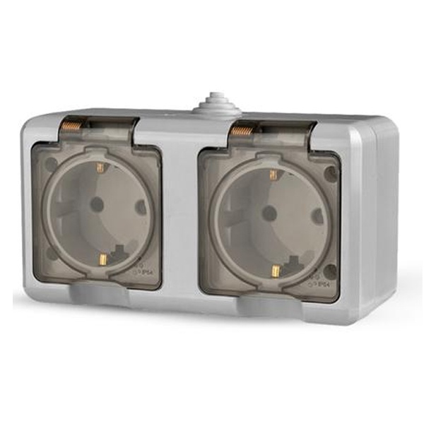 Розетка двойная открытой установки Tokov Electric Dita 2х2П+3 16А с прозрачной крышкой IP54 серый