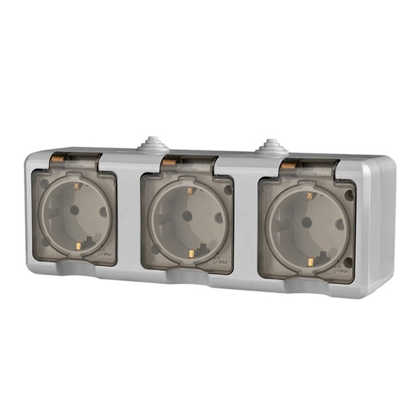 Розетка тройная открытой установки Tokov Electric Dita 3х2П+3 16А с прозрачной крышкой IP54 серый
