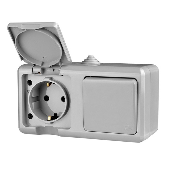 Блок открытой установки Tokov Electric Dita розетка 2П+3 с одноклавишным выключателем IP54 серый