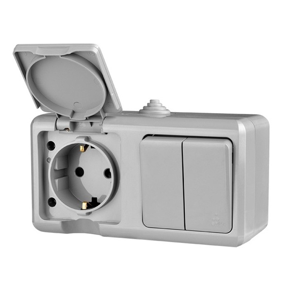 Блок открытой установки Tokov Electric Dita розетка 2П+3 с двухклавишным выключателем IP54 серый