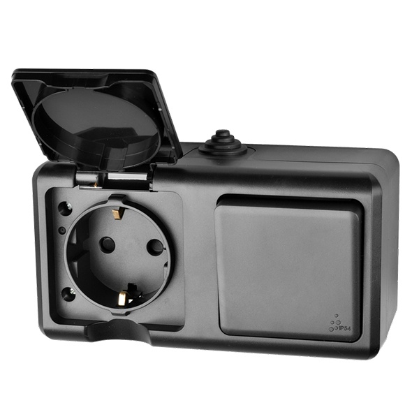 Розетка двойная открытой установки Tokov Electric Dita 2х2П+3 16А с крышкой IP54 карбон