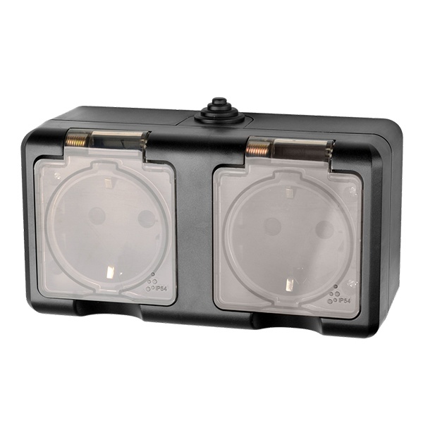Розетка двойная открытой установки Tokov Electric Dita 2х2П+3 16А с прозрачной крышкой IP54 карбон