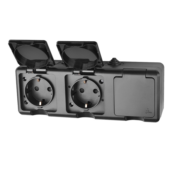 Розетка тройная открытой установки Tokov Electric Dita 3х2П+3 16А с крышкой IP54 карбон