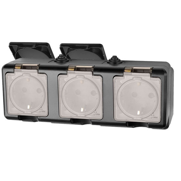 Розетка тройная открытой установки Tokov Electric Dita 3х2П+3 16А с прозрачной крышкой IP54 карбон