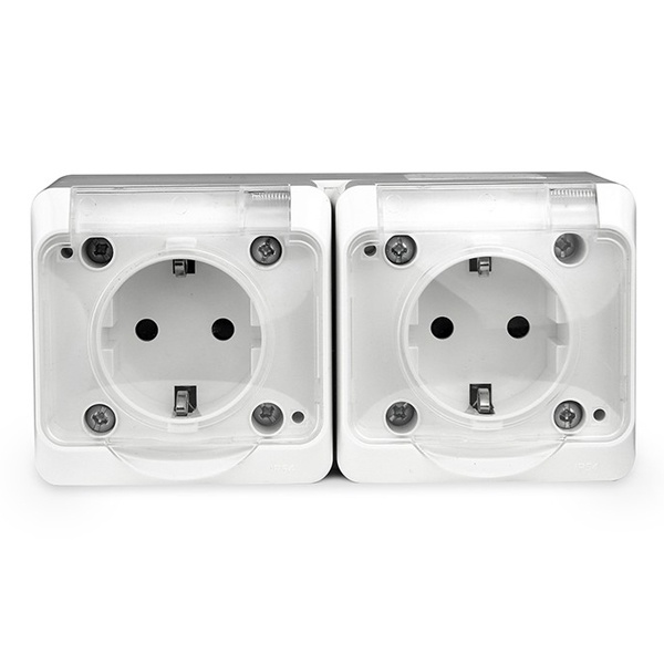 Розетка двойная открытой установки Tokov Electric Nix 2х2П+3 16А с прозрачной крышкой IP54 белый