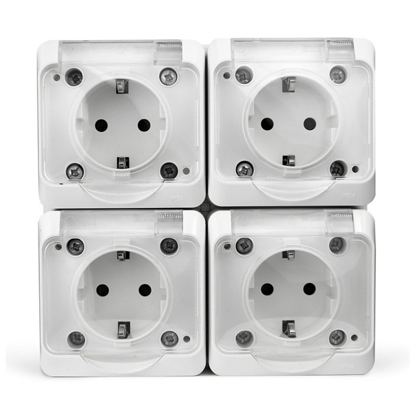 Розетка четверная открытой установки Tokov Electric Nix 4х2П+3 16А с прозрачной крышкой IP54 белый